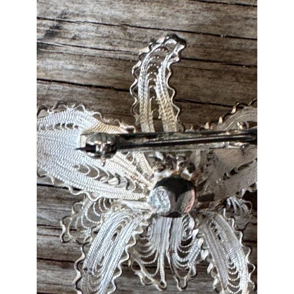 Vintage Sterling Silver Filigree Flower Brooch With Faux Pearls - Picture 4 of 6